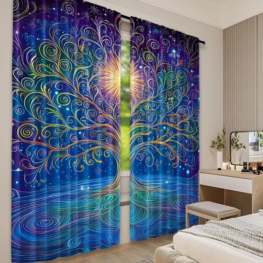 2Pcs Vintage Curtain Tree Of Life With Floral Style Artwork Meditation Peace Design Suitable For Bedroom Bathroom Living Room