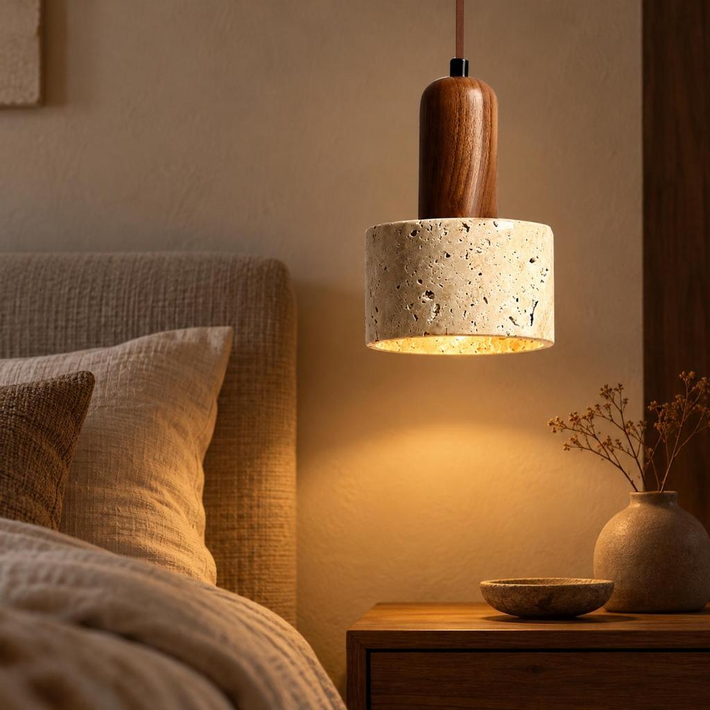 Pendant Lamp with Wooden Top Rustic Minimalism Stone Organic Lighting Fixture for
