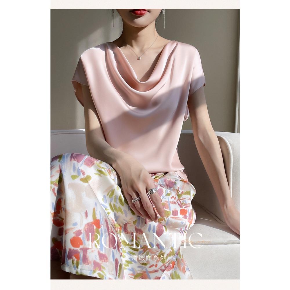 Top Corto da Donna in Seta Raso Primavera Estate, T-shirt Elegante Semplice a Manica Corta con Colletto alla Francese, Blusa Casual Taglie Forti