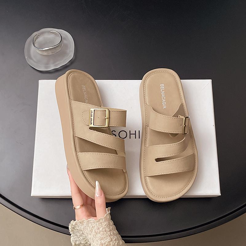 Fashion Slippers Woman Natural Cow Leather  Thick Bottom Brand Buckle Comfortable Fashion Slippers