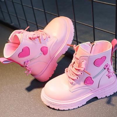 Kız Çocuk Botları Moda Botları Sonbahar ve Kış Yumuşak Taban Pembe Aşk Yan Zip Prenses Yuvarlak Burunlu Botlar