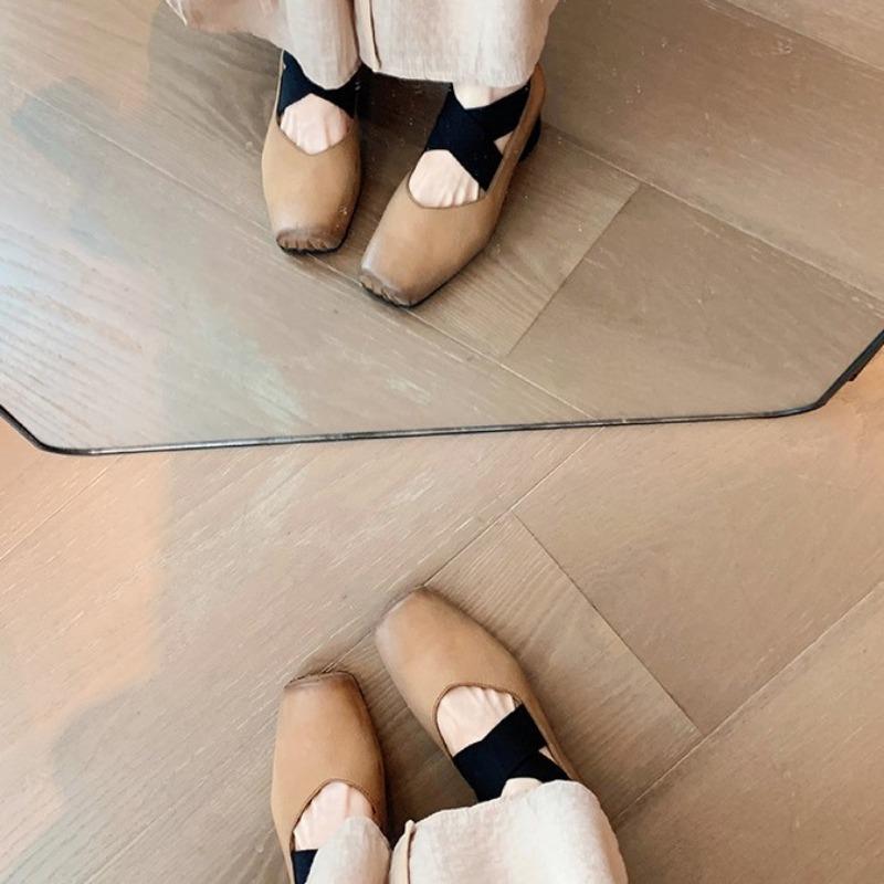 Sheepskin~ Square head pig nose leather shoes elastic band ballet Mary Jane shoes women's thick heel light mouth versatile single shoes