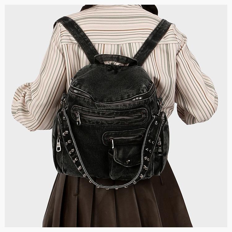 Schoolbag American denim backpack locomotive bag 1011 new niche design multi-pocket simple schoolbag women