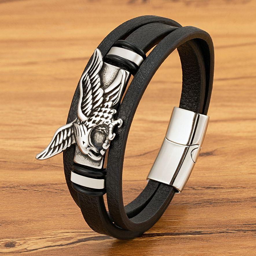 Bracciale Aquila Animale per Uomo Mano Multi-Strati Pelle Nera con Chiusura Magnetica Gioielli Regalo per Fidanzato