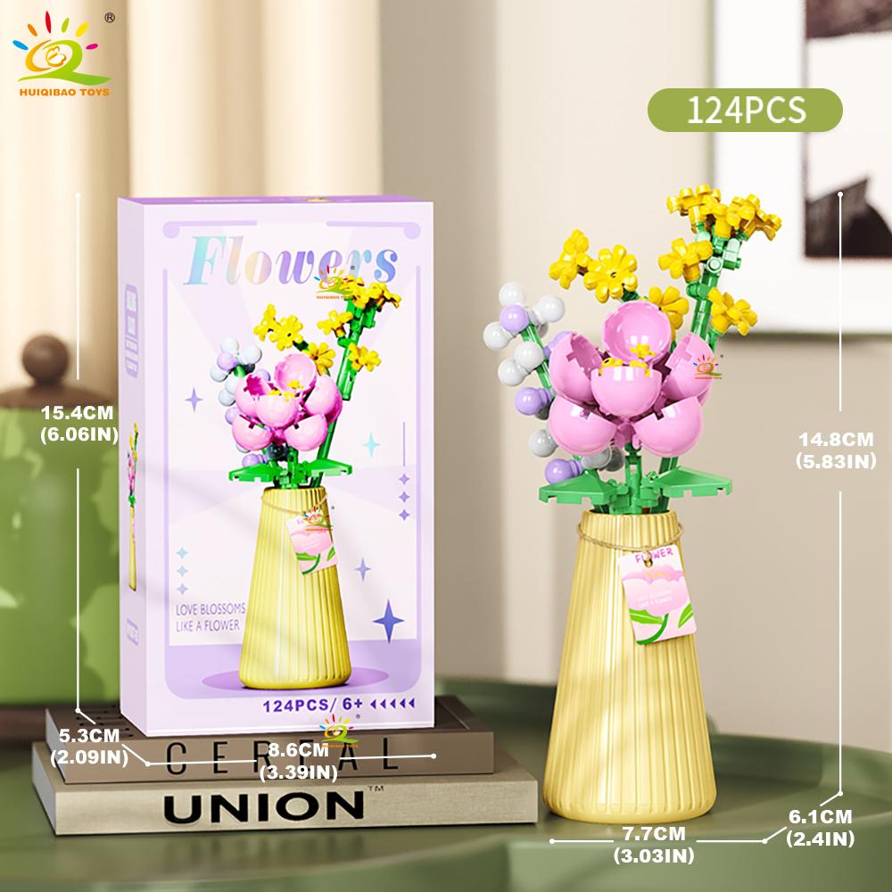 HUIQIBAO MOC Eternal Flower Bouquet with Pot Micro Building Block Sunflower Rose Mini Model Brick Toy Home Desk Decoration