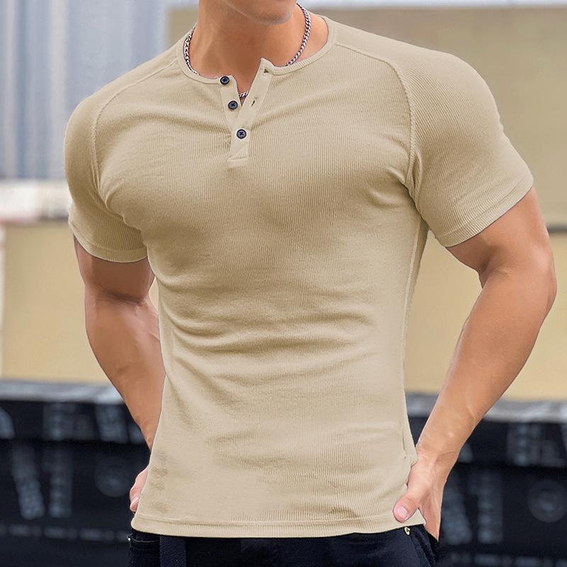 Men's Slim Fit Ribbed T-Shirt - Stretchy, Tight-Fitting, Round Neck, Short Sleeve, Muscle-Defining Fitness Tee