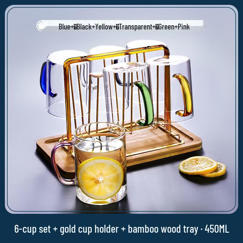 Handun Thickened 6-Color High Borosilicate Glass Cup Set with Tray & Holder