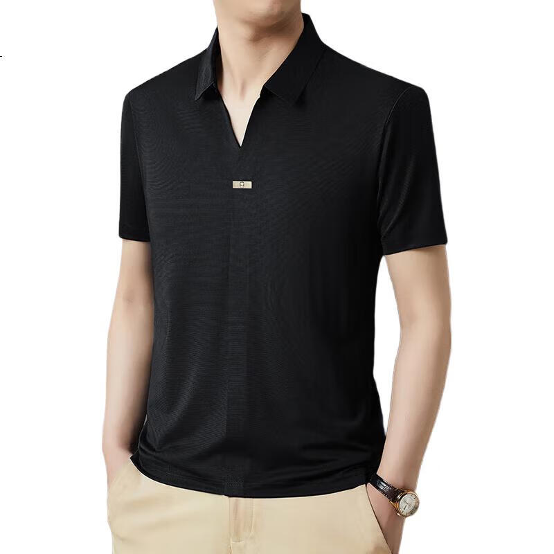 Pierre Cardin Short-Sleeve T-Shirt for Men, Summer High-Quality Ice Silk Elastic Business Casual Polo Undershirt Menswear Clothing, Black, 3XL