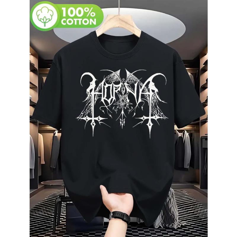European Sizes Men'S HORNA Gothic Logo Graphic T-Shirt - Heavy Metal Inspired Bold Print, All-Season Comfort