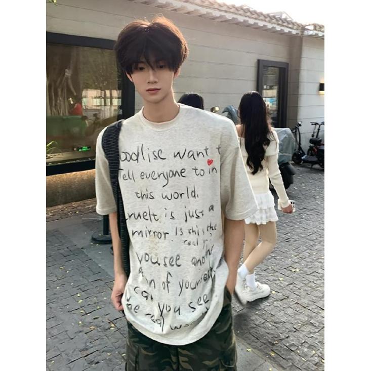 

Футболка с короткими рукавами American Retro High Street, мужская футболка высокого качества Ruan Shuai Oumei, модная брендовая пара 3XL светло-серый