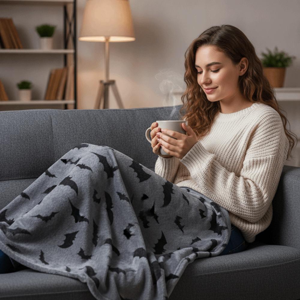 Soft Office Nap Blanket Bat Ghost Print Sofa Throw Blanket Cozy Halloween Flannel Blanket Bed Room
