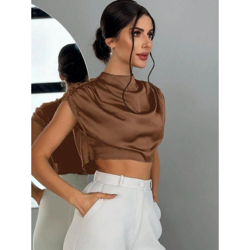 Women's Spring Summer Pleated Satin Shirt Color Ding Imitation Silk Short Shirt