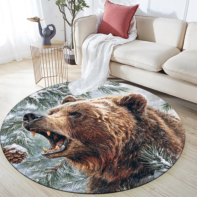 Grizzly Bear Round Area Rug,Carpet Rug for Living Room Bedroom Sofa Playroom Decor,Non-slip Floor Mat