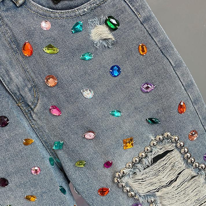 Džínové šortky s vysokým pasem s korálky s diamanty Dámské letní modely Slim Všestranné Roztrhané šortky s třásněmi