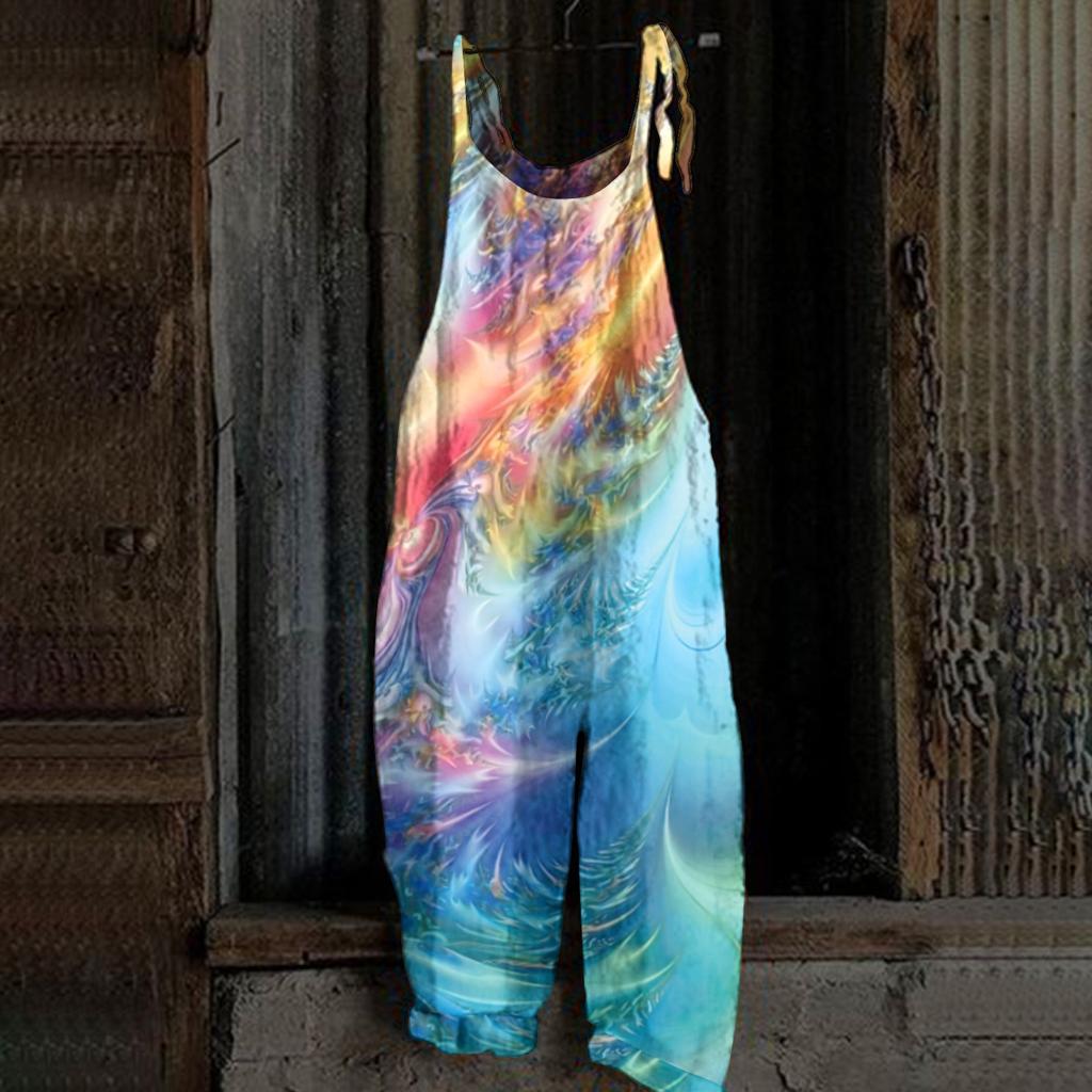 Kombinezon damski z nadrukiem, luźny, w stylu vintage, na ramiączkach, z bawełny i lnu