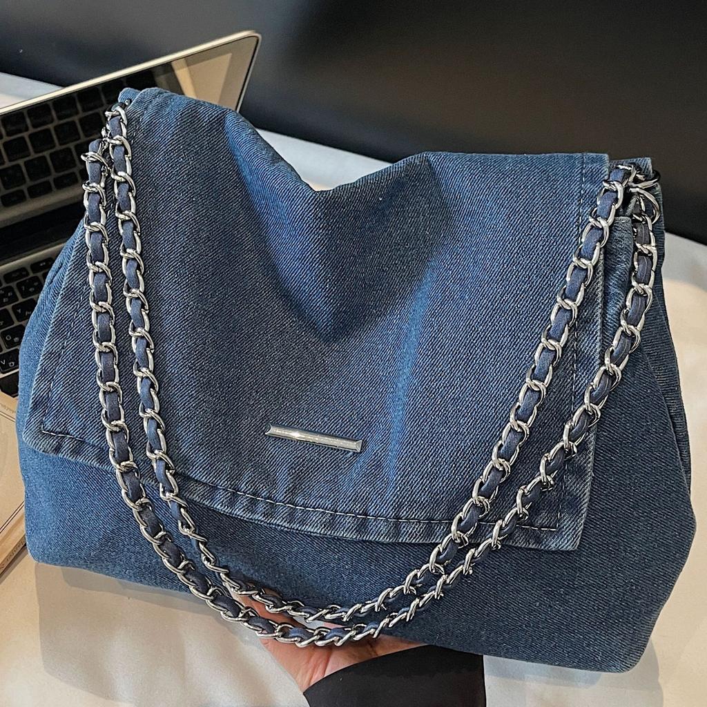 Commuter Bag Women's Large Capacity 2025 New Fashion Niche Texture Chain Shoulder Bag Denim Messenger Tote Bag