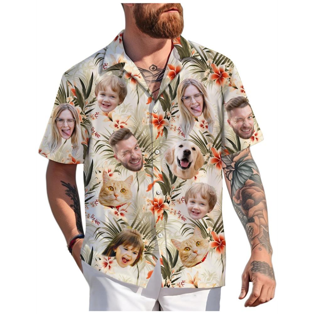 Maßgeschneiderte Hawaiianhemden für Erwachsene, Kinder, Haustiergesichter, Sommer Mode, Kurzarm, Personalisiert, 3D-Druck, Locker, Atmungsaktiv, DIY Blusen