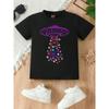 Evropské velikosti Fialové T-shirt s potiskem tajemného srdce a vesmírné lodi, Krátký rukáv, Letní T-shirt, Ležérní a Módní