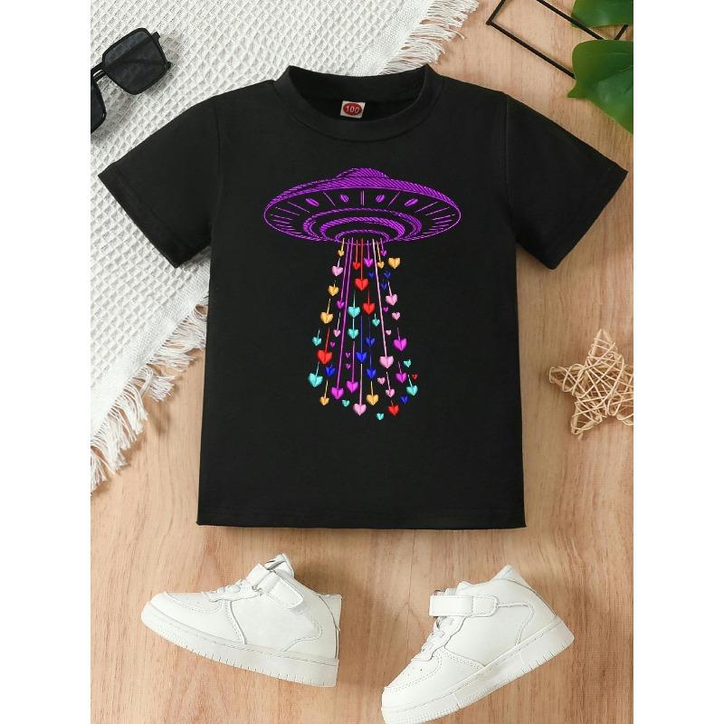 Evropské velikosti Fialové T-shirt s potiskem tajemného srdce a vesmírné lodi, Krátký rukáv, Letní T-shirt, Ležérní a Módní