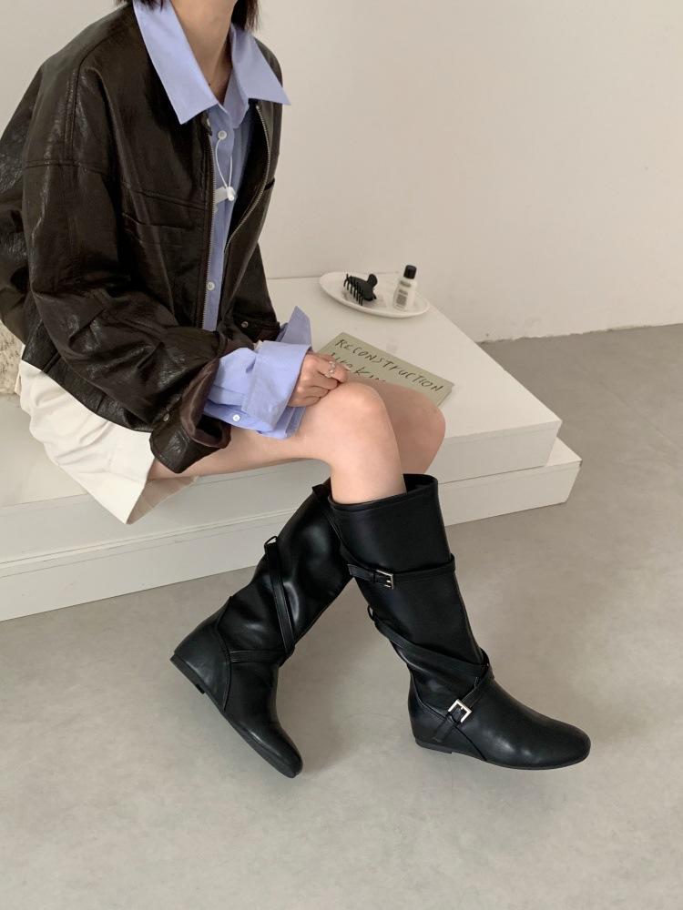 Inner heightening boots women's 25 new autumn retro versatile stacking boots belt buckle slim tall knight boots