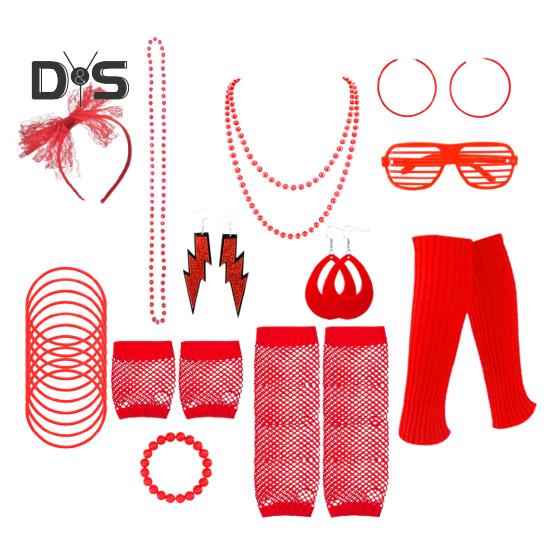 80s Neon Costume Accessories Set Knitted Leg Warmers Headband Gloves Earrings Bracelet Beaded Necklace Set Fancy Party Accessories