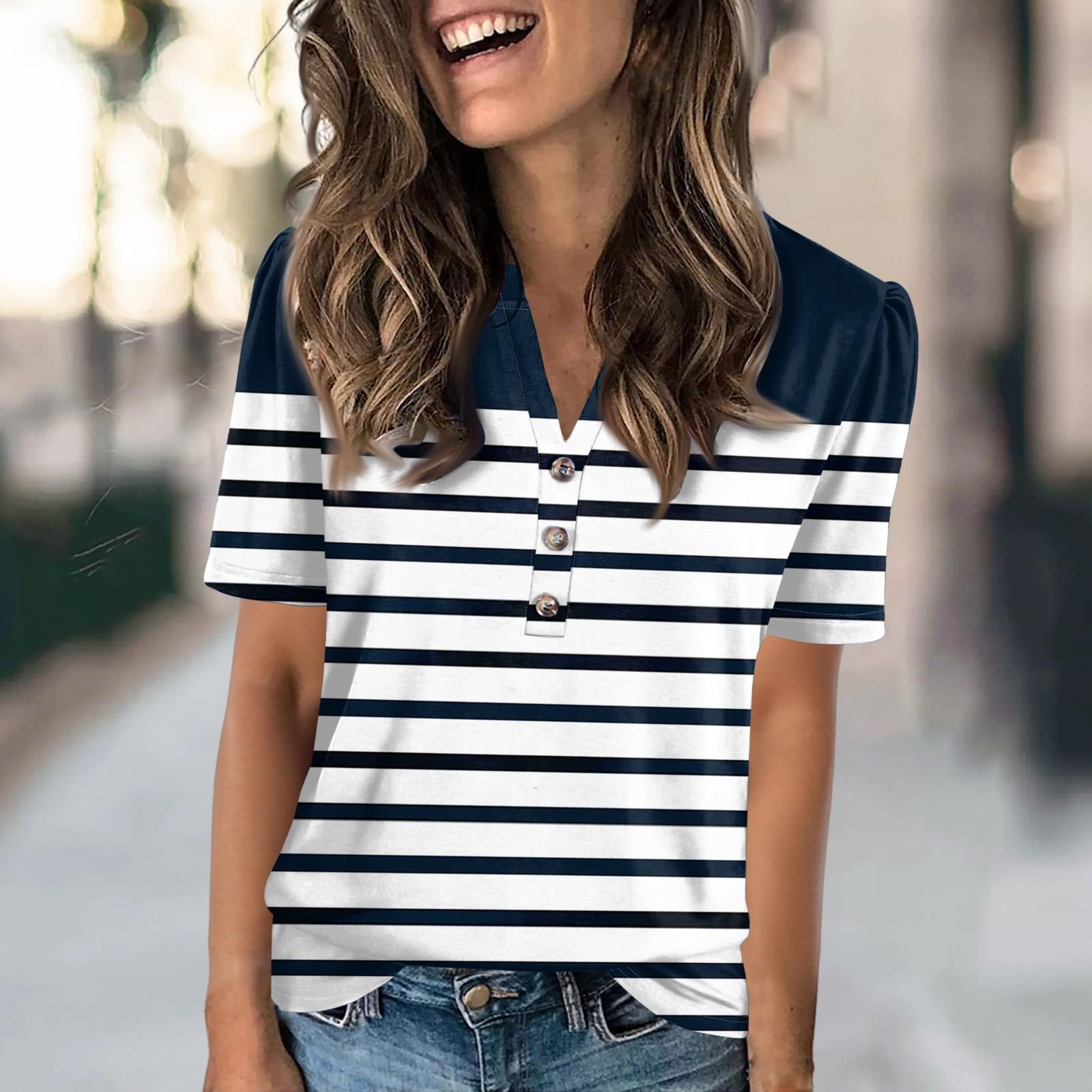 

Женская модная повседневная футболка с полосатым принтом и V-образным вырезом, коротким рукавом, на пуговицах S тёмно-синий