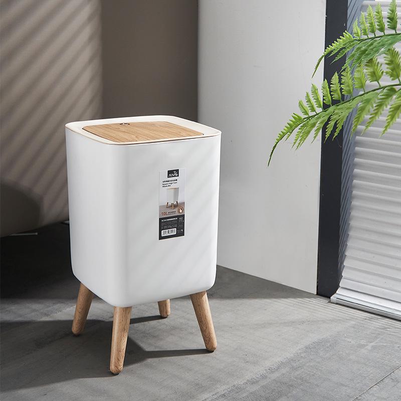 Elevated Wood-Grain Trash Can with Push-Button Lid - Japanese-Style for Living Room or Bedroom