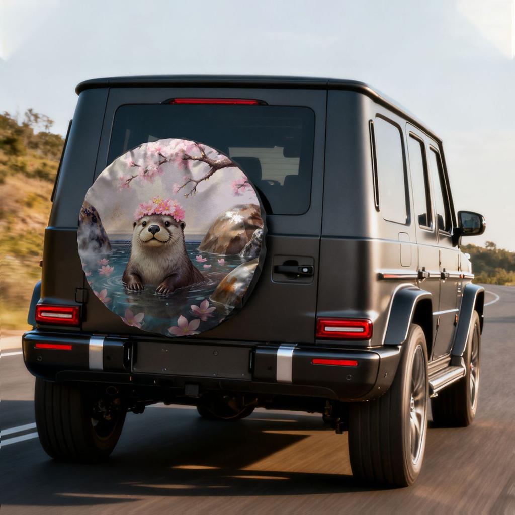 Otter in Hot Spring Print Tire Cover Polyester Spare Wheel Cover for SUV Truck