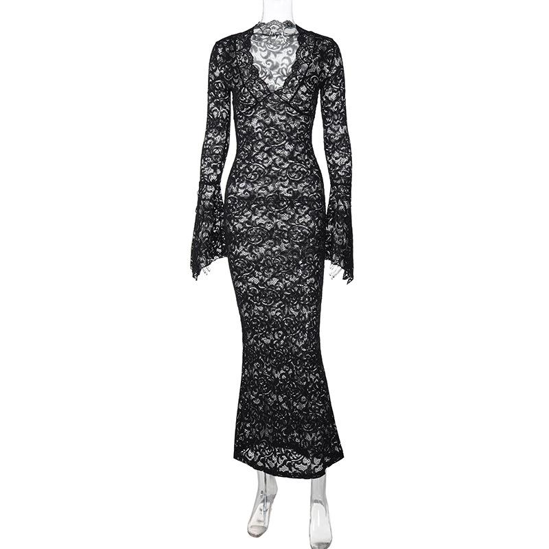 Heißverkauf Sexy Spitze Tiefes V-Ausschnitt Langes Ärmel Schlanke Passform Street Style Kleid