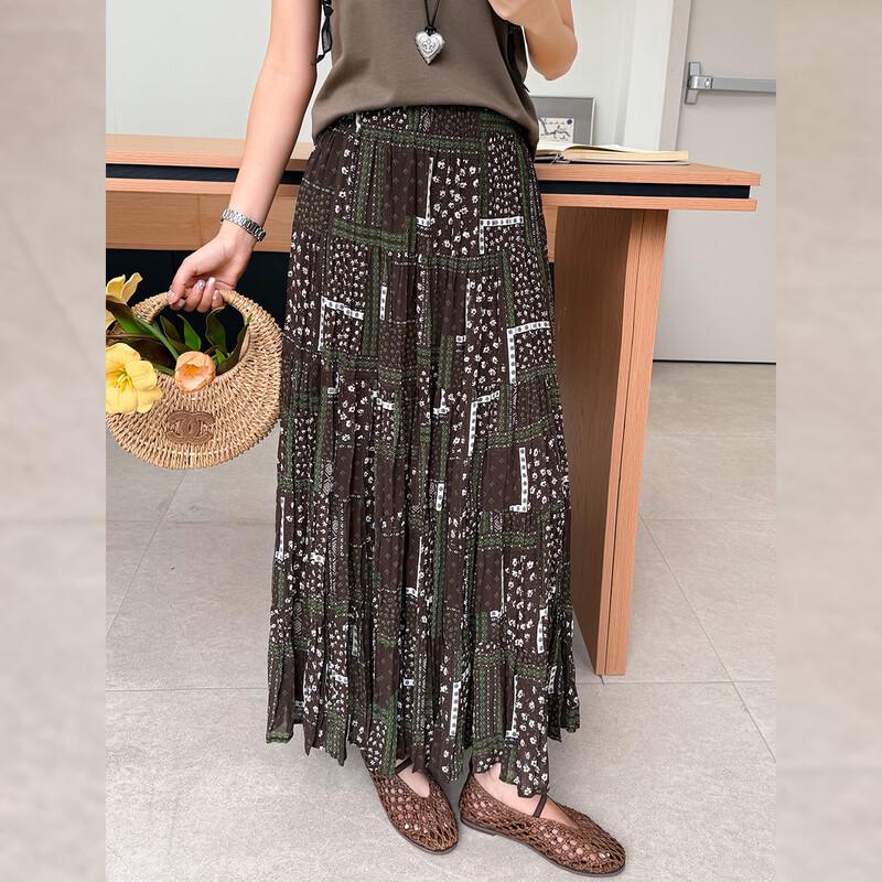 Retro Floral Print Pleated High Waist A-Line Long Skirt F