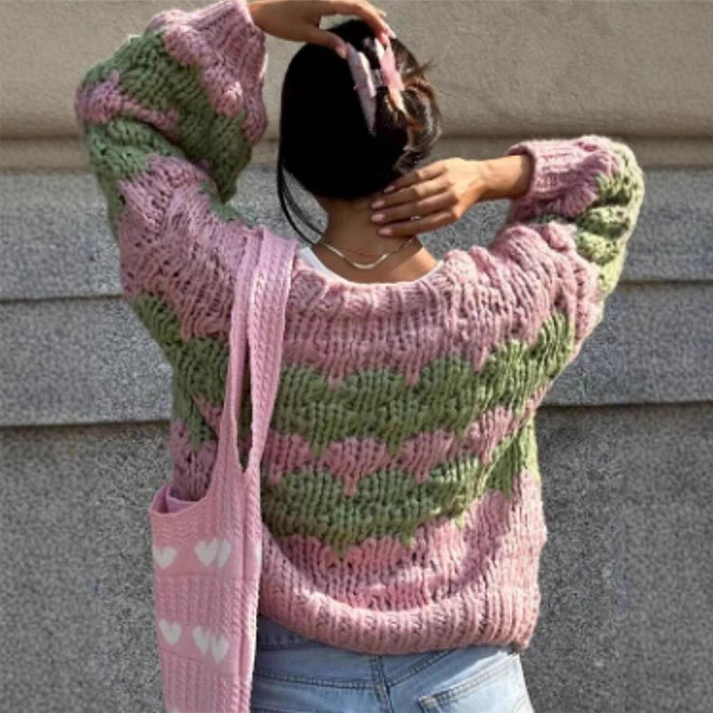 Women‘s Jacquard Knit Cardigan - Color Block Oversized Open Front Sweater for Fall Winter
