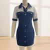Damen Sexy Durchsichtiges Netz Patchwork Mini Jeanskleid, Kurzarm Knopfleiste Bodycon Kleid, Sexy Party Club Jeanskleid