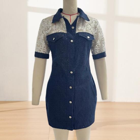 Damen Sexy Durchsichtiges Netz Patchwork Mini Jeanskleid, Kurzarm Knopfleiste Bodycon Kleid, Sexy Party Club Jeanskleid