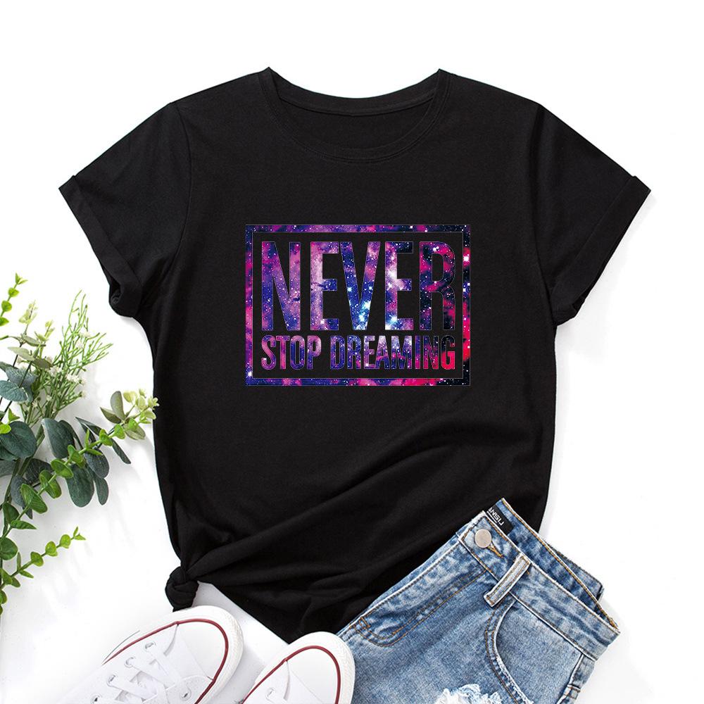 Inspirational Letter Print Cotton Loose Round Neck Short Sleeved Women's T-shirts