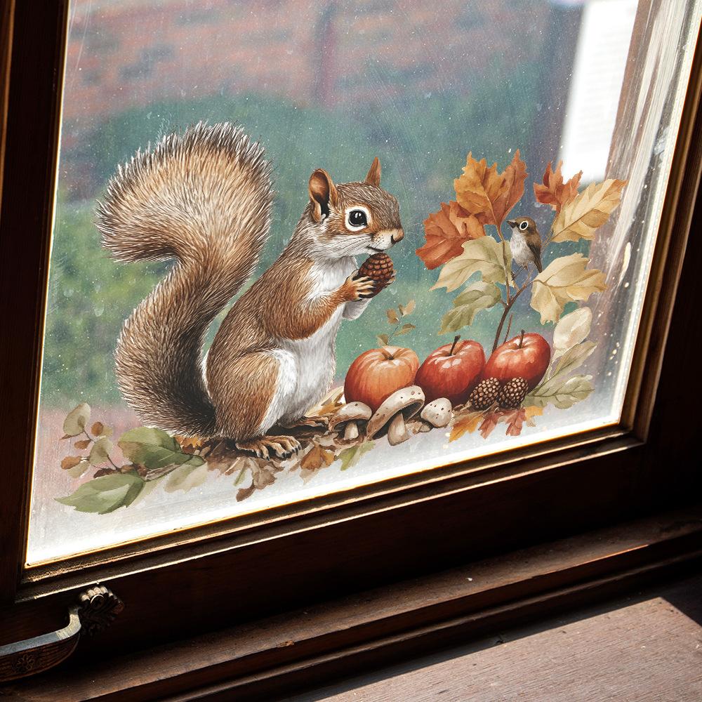 Cartoon Squirrels Fruits and Vegetables Balcony Glass Windows Home Background Beautification Window Stickers