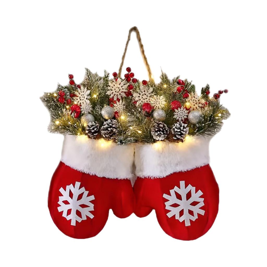 Twinkling Christmas Mitten Wreath Front Door Artificial Garland Window Door Gate Decoration Door Sign Xmas Party Decoration