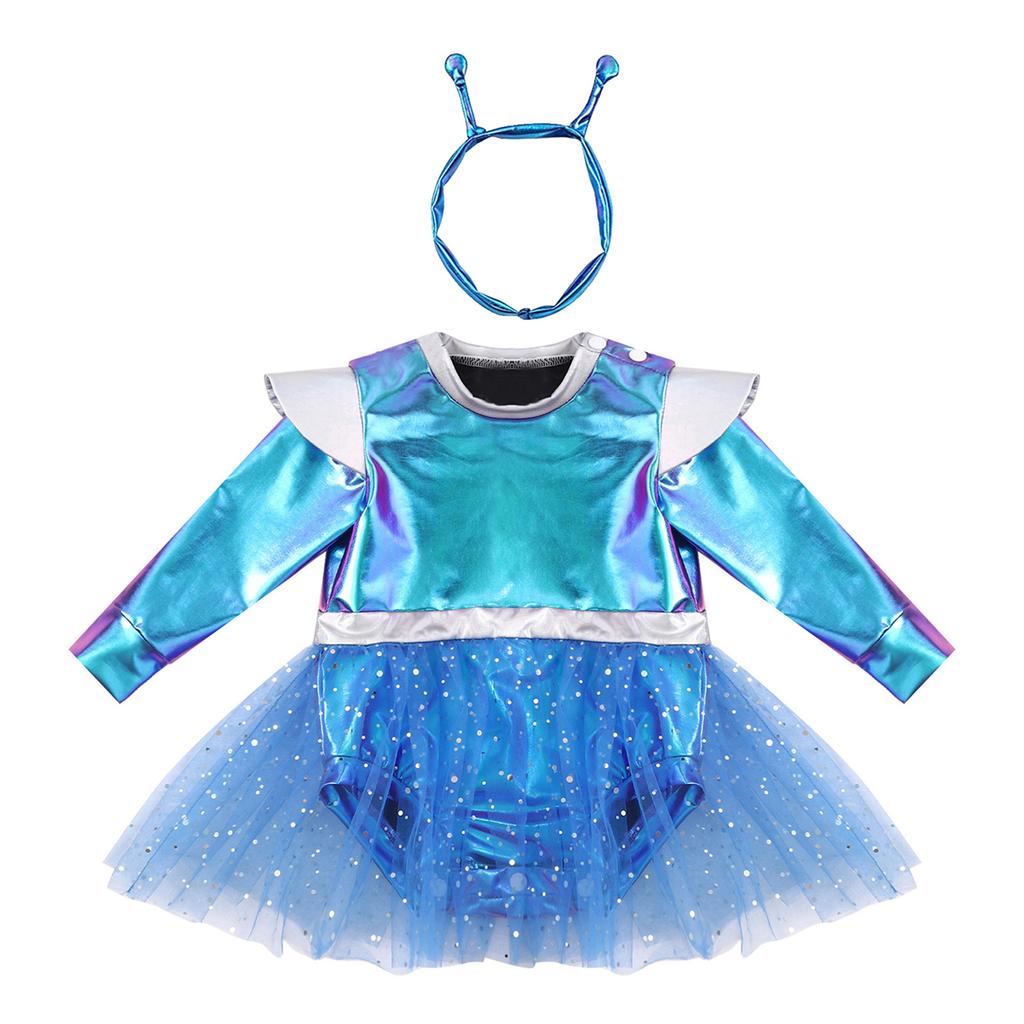 Dívčí Cosplay Šaty Mimozemšťan Dlouhý Rukáv Zapínání na Knoflíky v Rozkroku Flitrovaný Tyl Metalické Barevné Bloky s Čelenkou pro Tematickou Párty