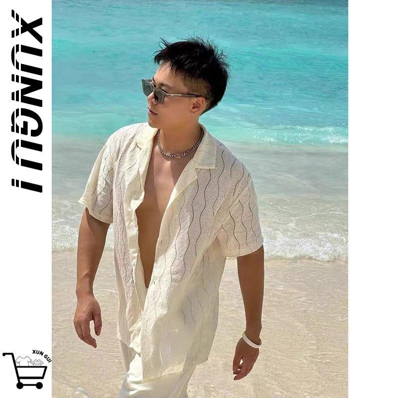 Men s Cuban Collar Wave Pattern Hollow Out Short Sleeve Casual Shirt L