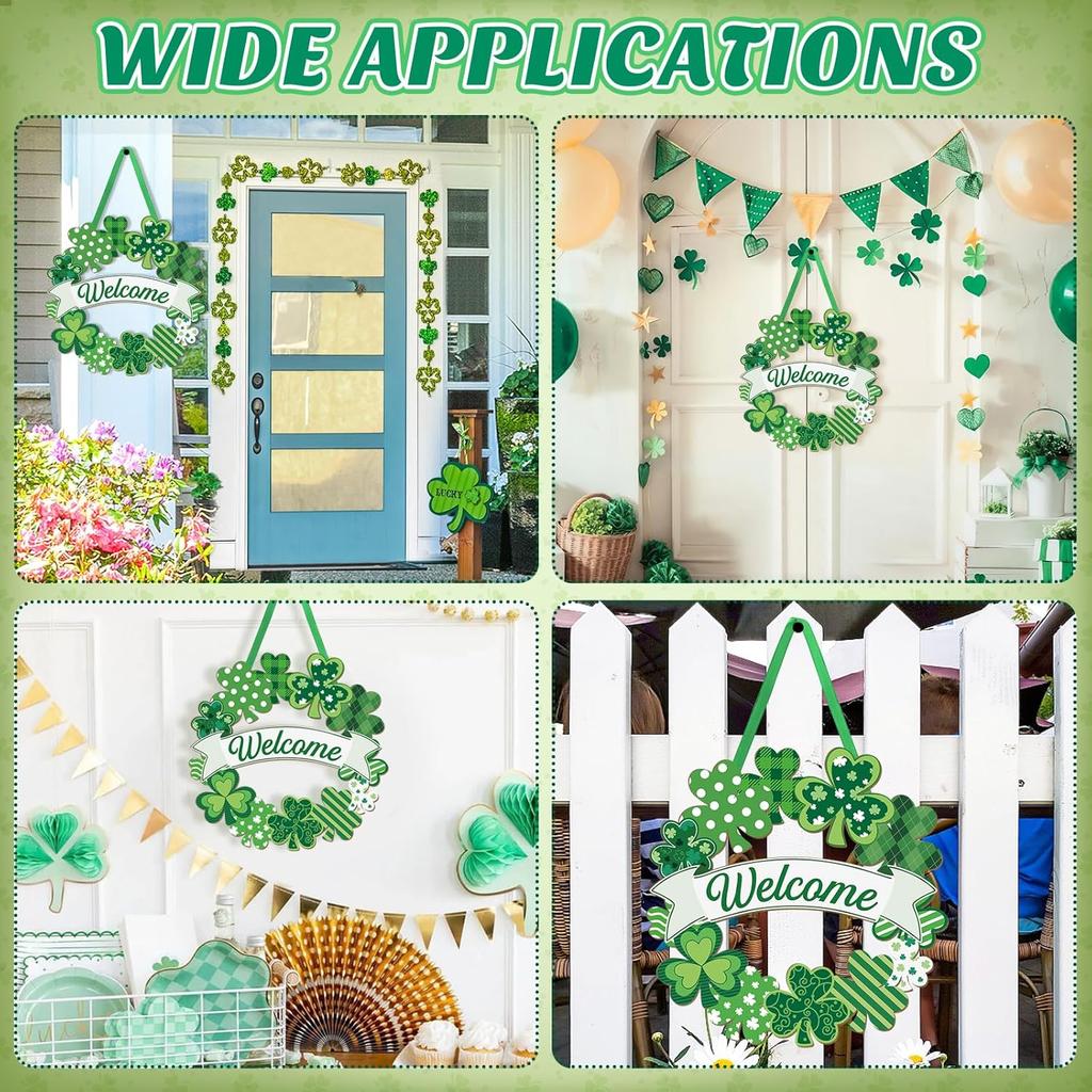 Wooden St. Patrick's Day Decoration Shamrock Door Wreath for Front Door Sign Wall Signs Shamrock Clover Spring Decoration, Irish Sign Welcome Hanging