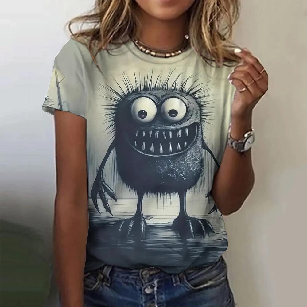 Summer Grey Funny Graphics 3D Print T-shirts Women Streetwear Casual Fashion Y2k Short Sleeve T Shirt O-neck Tees Tops Clothing