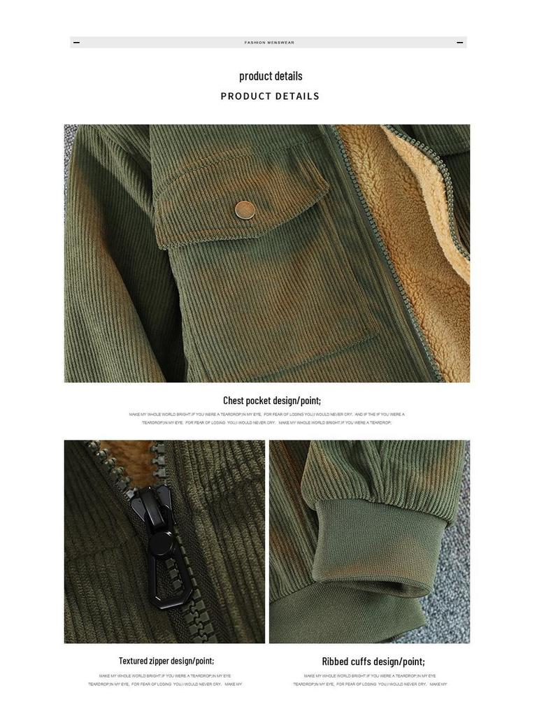 Men's Thick Corduroy Jacket with Fleece Lining - Long Sleeve Warm Cotton Outerwear