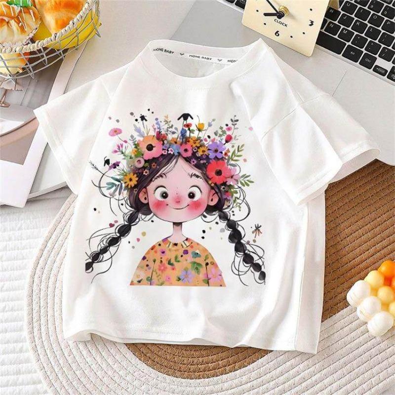 

2026 Summer Children s T-shirt Flower Fairy Hand Drawn Printed Parent Child Clothing Pure Cotton Casual Boys and Girls Top 110