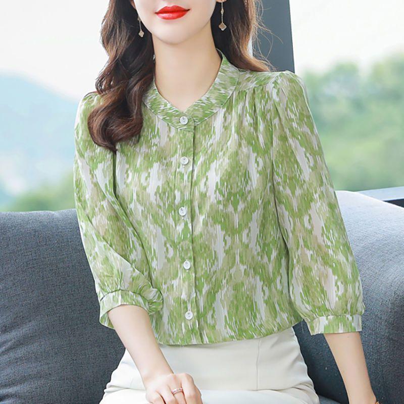 YYFS Women's Fashion Casual Spring Autumn Colour Block Print 3/4 Sleeves O-Neck Blouses & Shirts