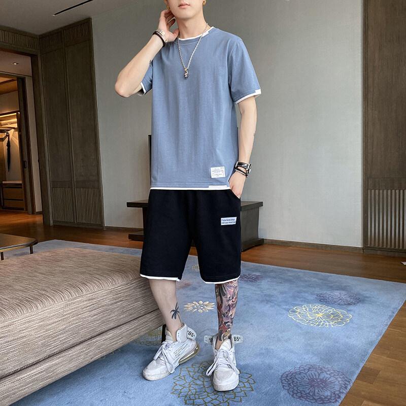 Men Two-piece Sets Sport Style Fashion Short-sleeved T-shirt Suit and Knee Length Short Pants Plus Size Men Clothing