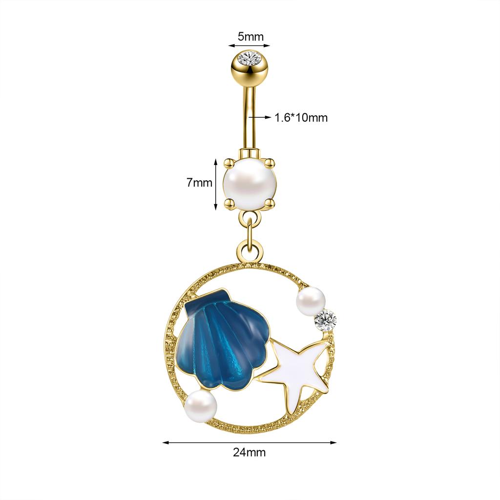 AOEDEJ 14G 1PC Shell Belly Piercing Ring Crystal Starfish Navel Ring Pearl Body Piercing Jewelry Summer Women Shell Belly Ring