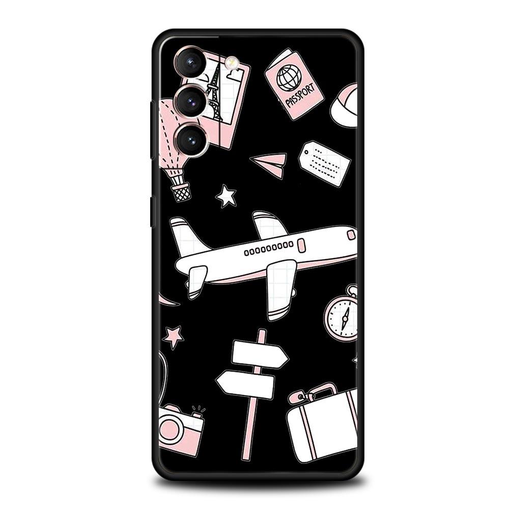 Airplane World Map Travel Phone Case For Samsung Galaxy S26 Ultra S25 Plus S24 FE S23 S22 5G S21 S20 Cover Black Soft