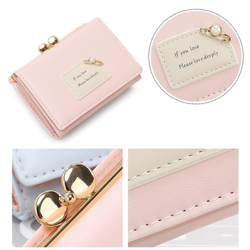 Fashion Cute Pearl Wallet Simple PU Leather Hasp Three Fold Coin Purse Card Holder For Women Girl Student Slim Coin Pocket