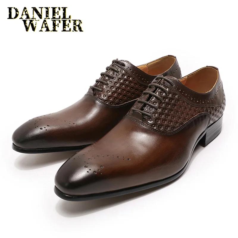 Fashion Men's Formal Oxford Brogue Shoes, Pointed Toe, Lace Up, Genuine Leather, Office, Wedding, Luxury Brand, Fashion