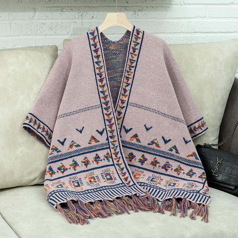 Women's Autumn and Winter Large Size Cardigan Fashionable Knitted Tassel Shawl Loose Jacquard Sweater Cape Top Women