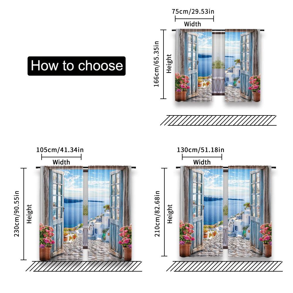 2Pcs Beach Ocean Curtain Landscape Santorini Seaside Coastal European Scenery Rustic Window Drapes Modern Simplistic Curtain